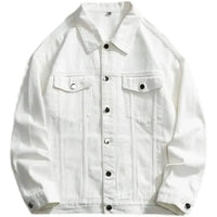 Men’s Black Denim Jacket with Embroidered Back Logo displayed with a White Denim Jacket