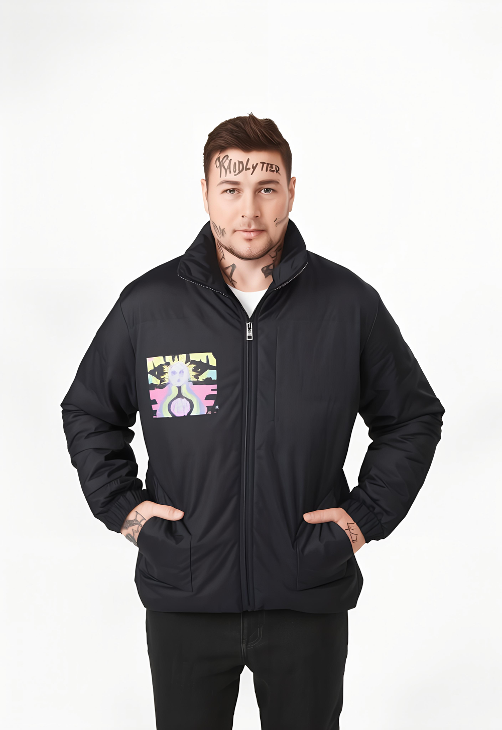 Men’s Black Puffer Jacket with Graphic Patch showcasing a stylish design