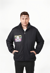 Men’s Black Puffer Jacket with Graphic Patch showcasing a stylish design