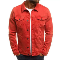 Red denim jacket from Men’s Classic Denim Jacket collection for stylish casual wear