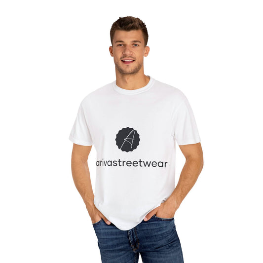White Men’s Garment-Dyed T-Shirt featuring a stylish logo design