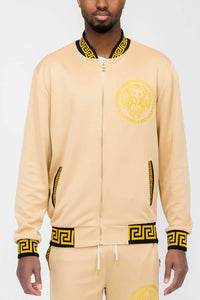 Beige Men’s Greek Key Bomber Jacket with Lion Emblem and Gold Greek Key trim
