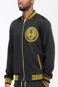 Black and gold patterned Men’s Greek Key Bomber Jacket with Lion Emblem display