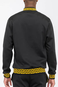 Men’s Greek Key Bomber Jacket featuring gold Greek key trim and lion emblem detail