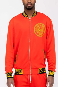 Red and gold patterned Men’s Greek Key Bomber Jacket with Lion Emblem design
