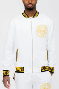 White bomber jacket with gold Greek key design and lion emblem for men