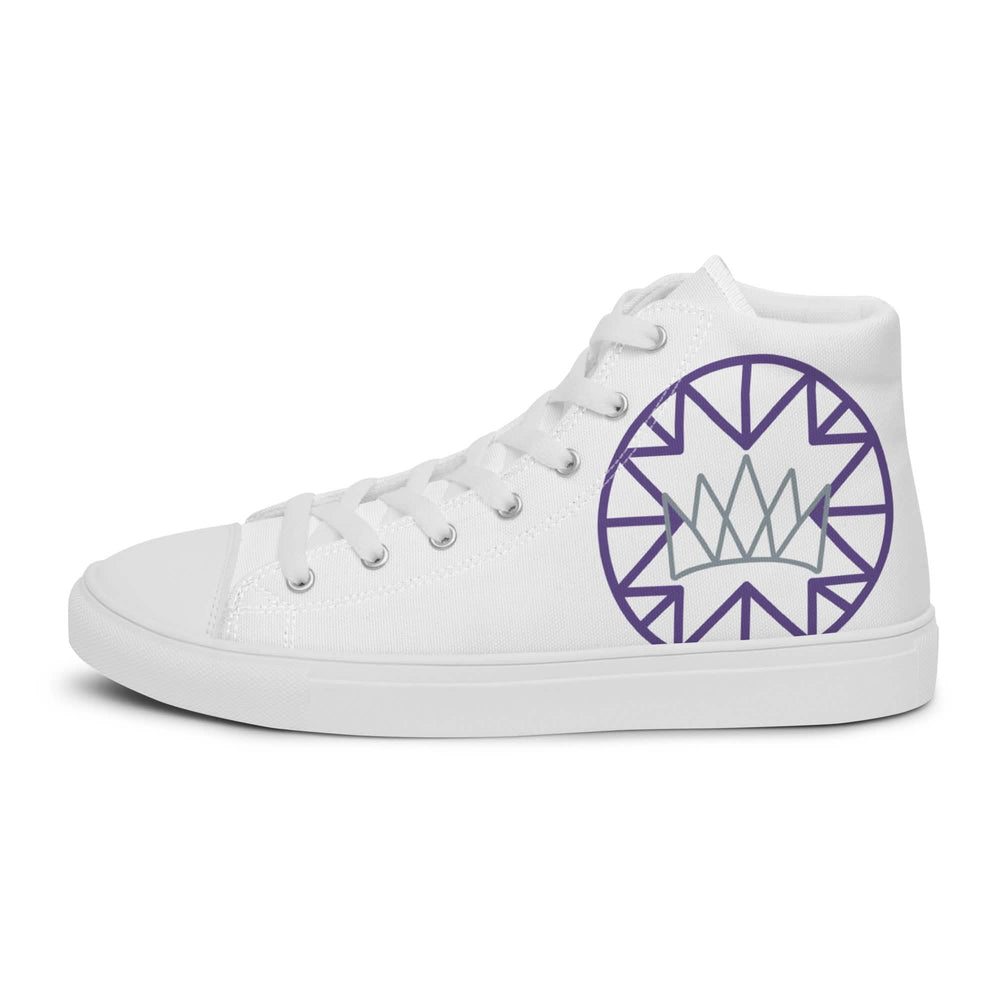 White high-top sneakers with crown motif, perfect for casual wear and limited edition style