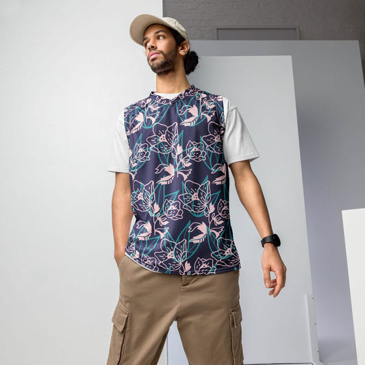 Man in bold floral print wearing a sleeveless floral basketball jersey