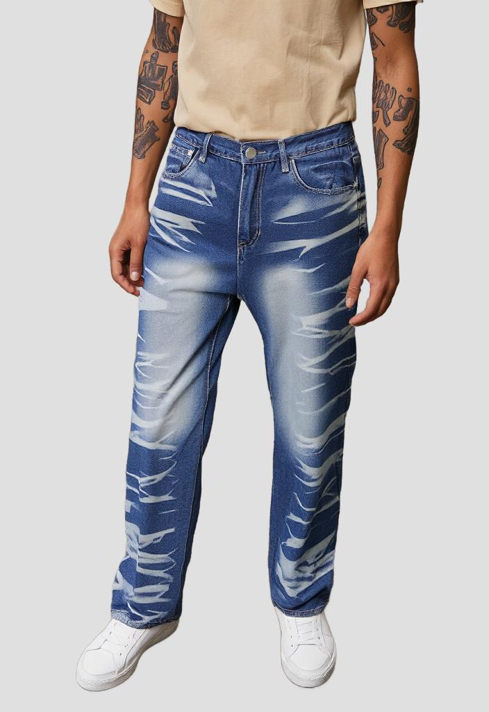 Blue and white patterned ripped wash denim jeans for men’s streetwear style