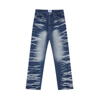 Blue and white tie-dye ripped wash denim jeans for men’s streetwear style