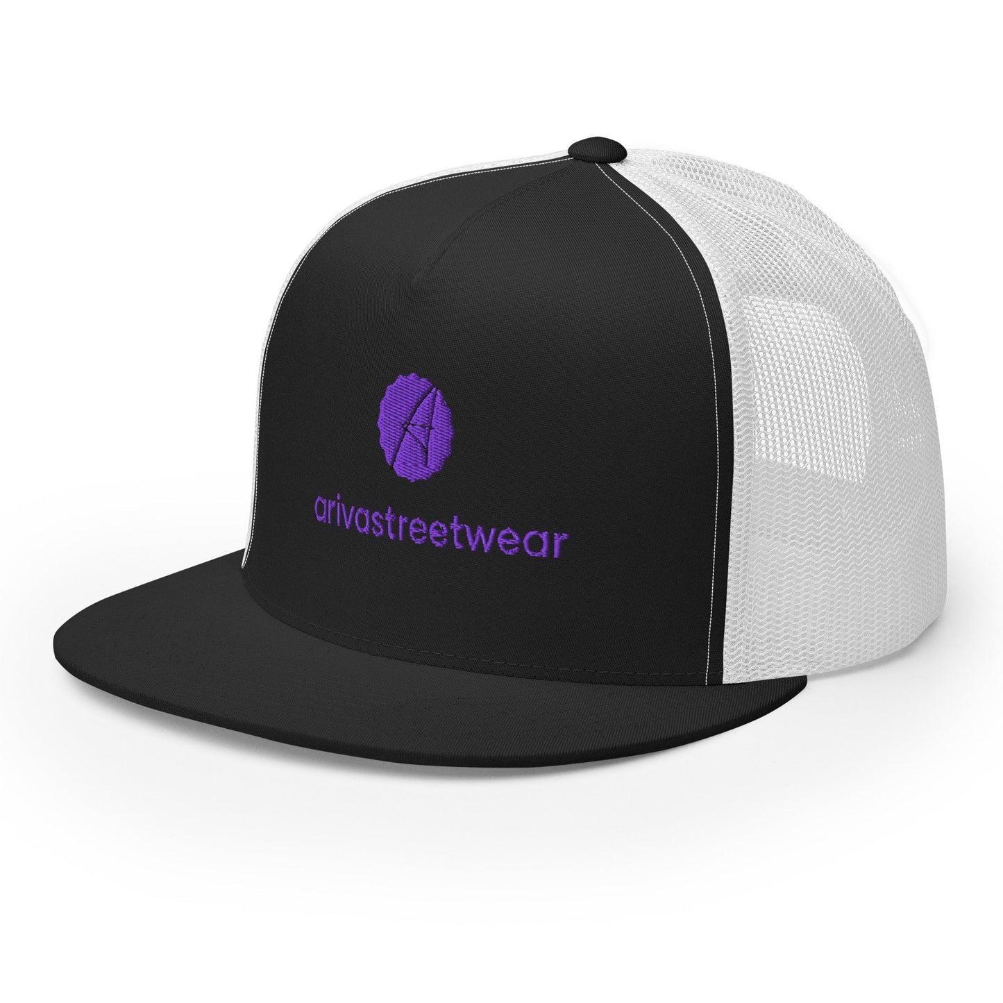 Black and white trucker hat featuring a stylish purple logo for Men’s Trucker Cap Black