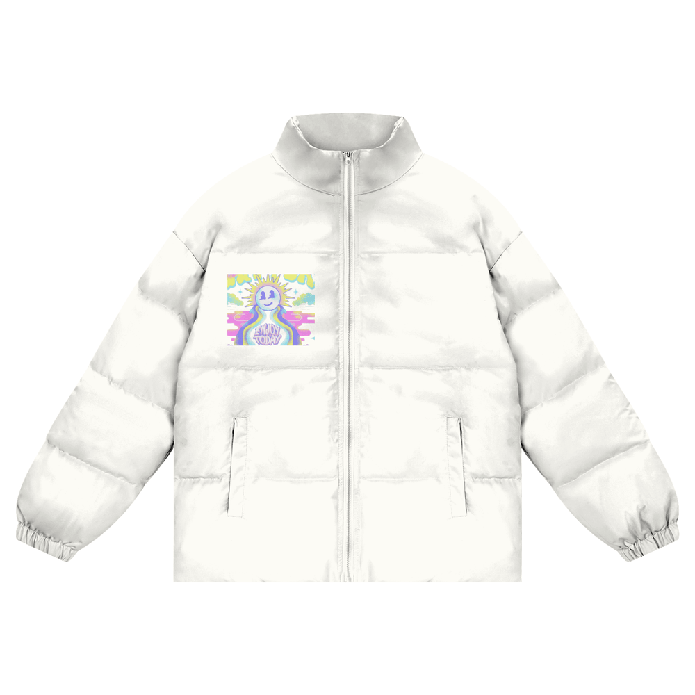 Men’s White Puffer Jacket with Graphic Patch for stylish winter appeal