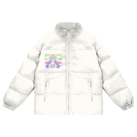 Men’s White Puffer Jacket with Graphic Patch for stylish winter appeal