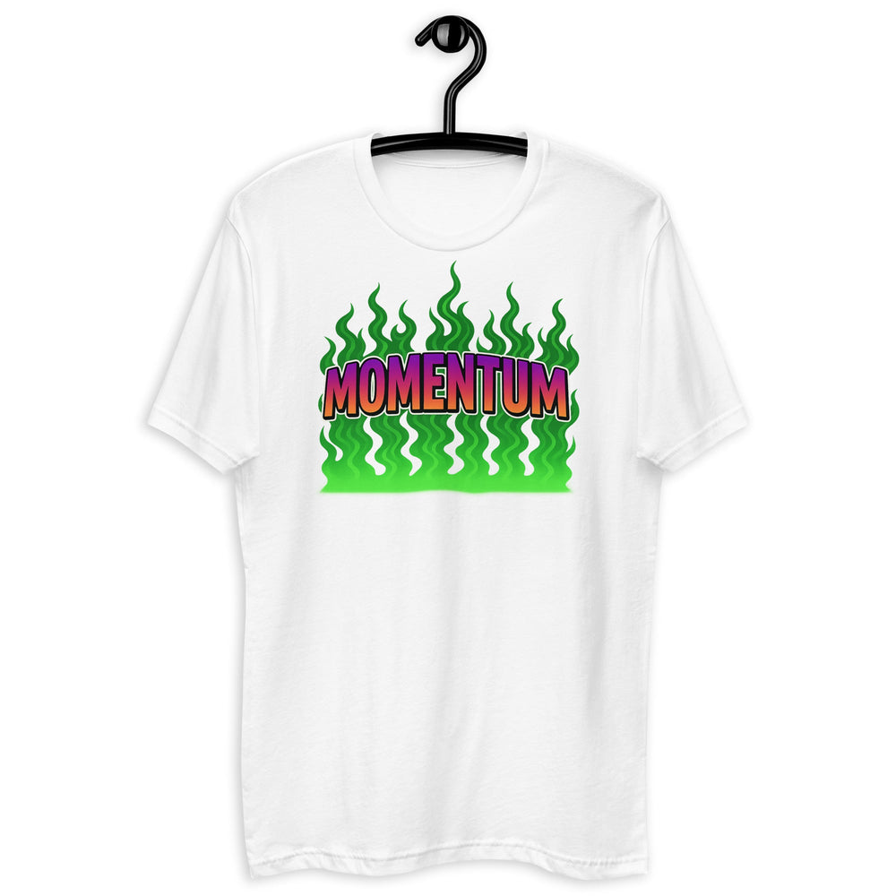 White t-shirt with ’momentum’ graphic.