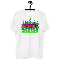 White t-shirt with ’momentum’ graphic.