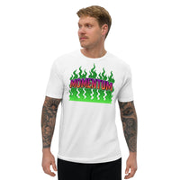 White t-shirt with ’Momentum’ graphic.