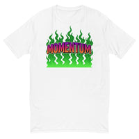 White t-shirt with ’Momentum’ graphic.