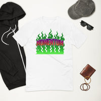 White t-shirt with ’momentum’ graphic.