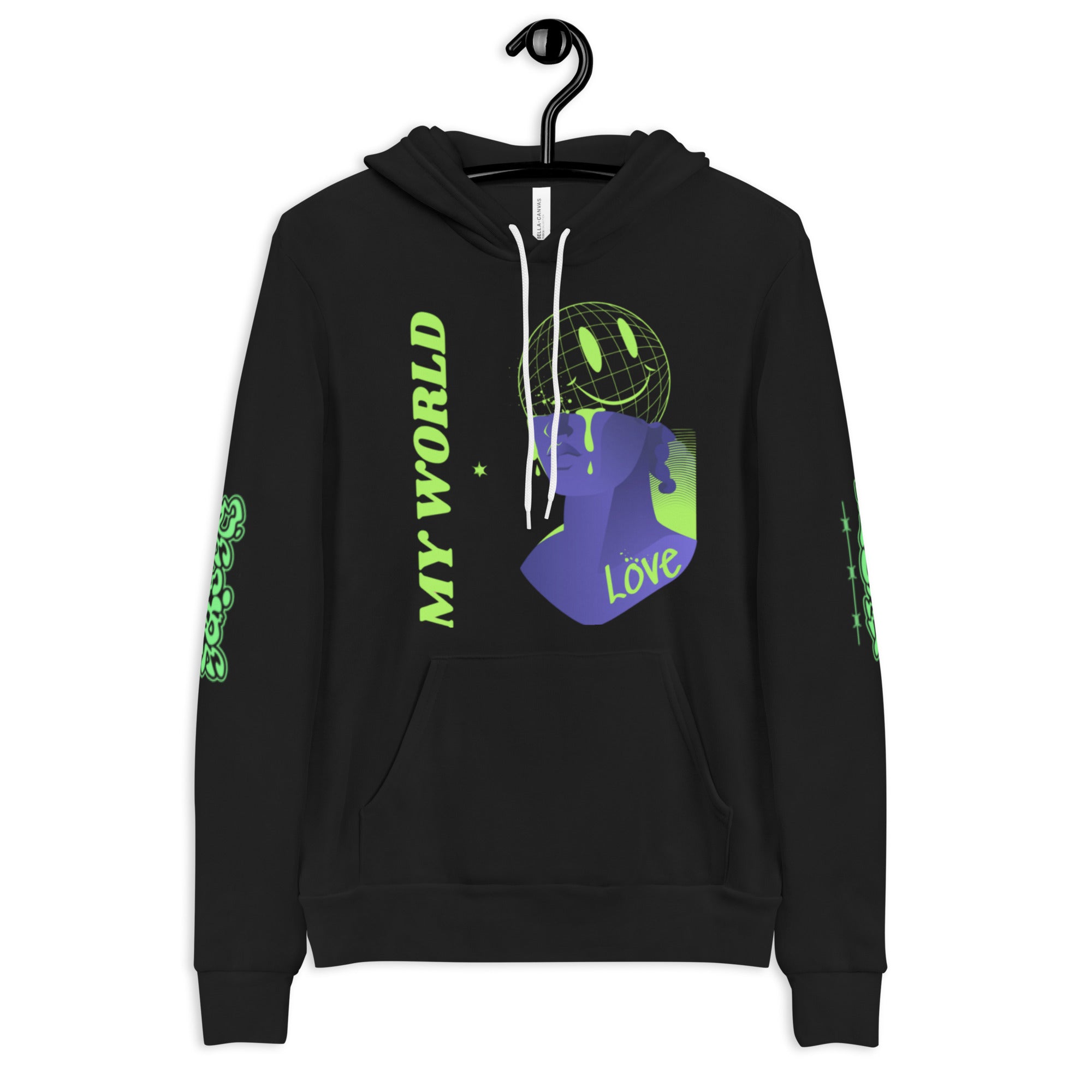 Black hoodie with graphic design.