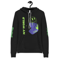 Black hoodie with graphic design.