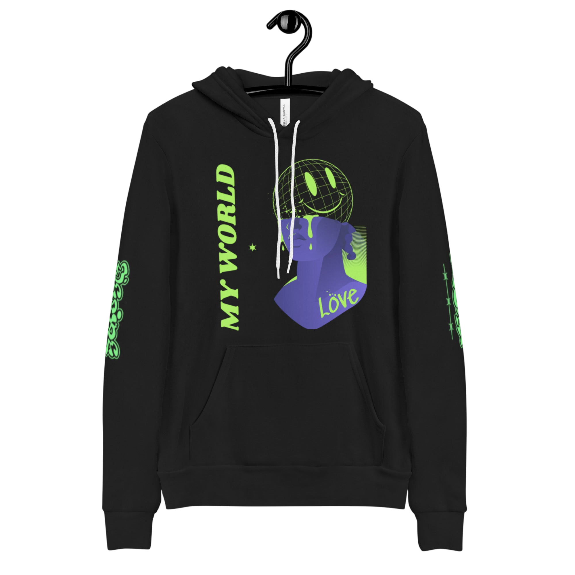 Black hoodie with graphic design.