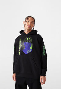 Black hoodie with graphic design.
