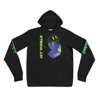 Black hoodie with graphic design.