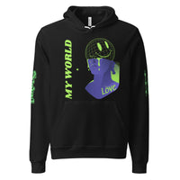 Black hoodie with graphic design.