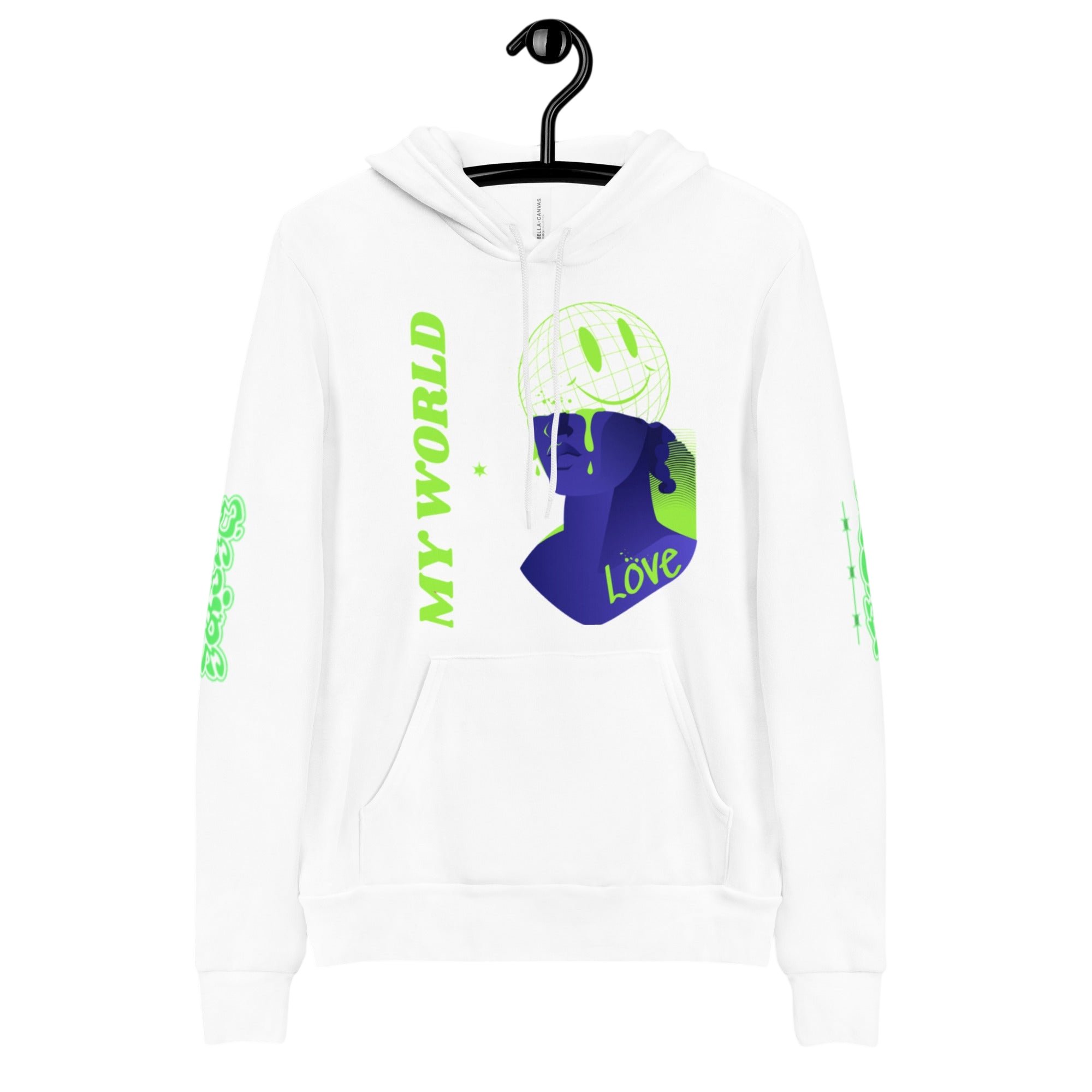 White hoodie with graphic design.