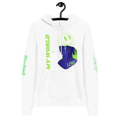 White hoodie with graphic design.
