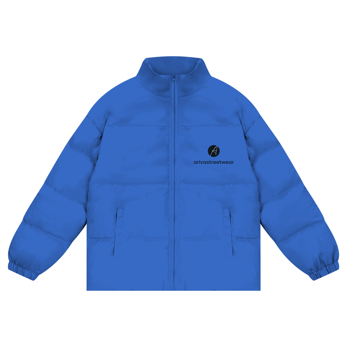 Navy blue unisex zipper puffer coat with minimalist white logo, high collar, elastic cuffs, and side pockets.