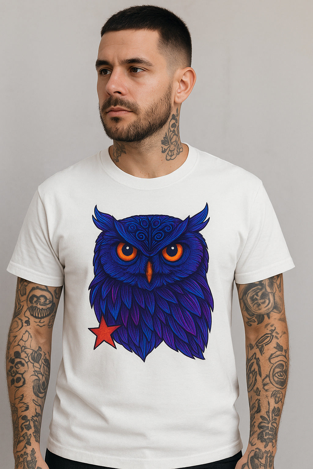 Neon Wisdom: Psychedelic Owl T-Shirt