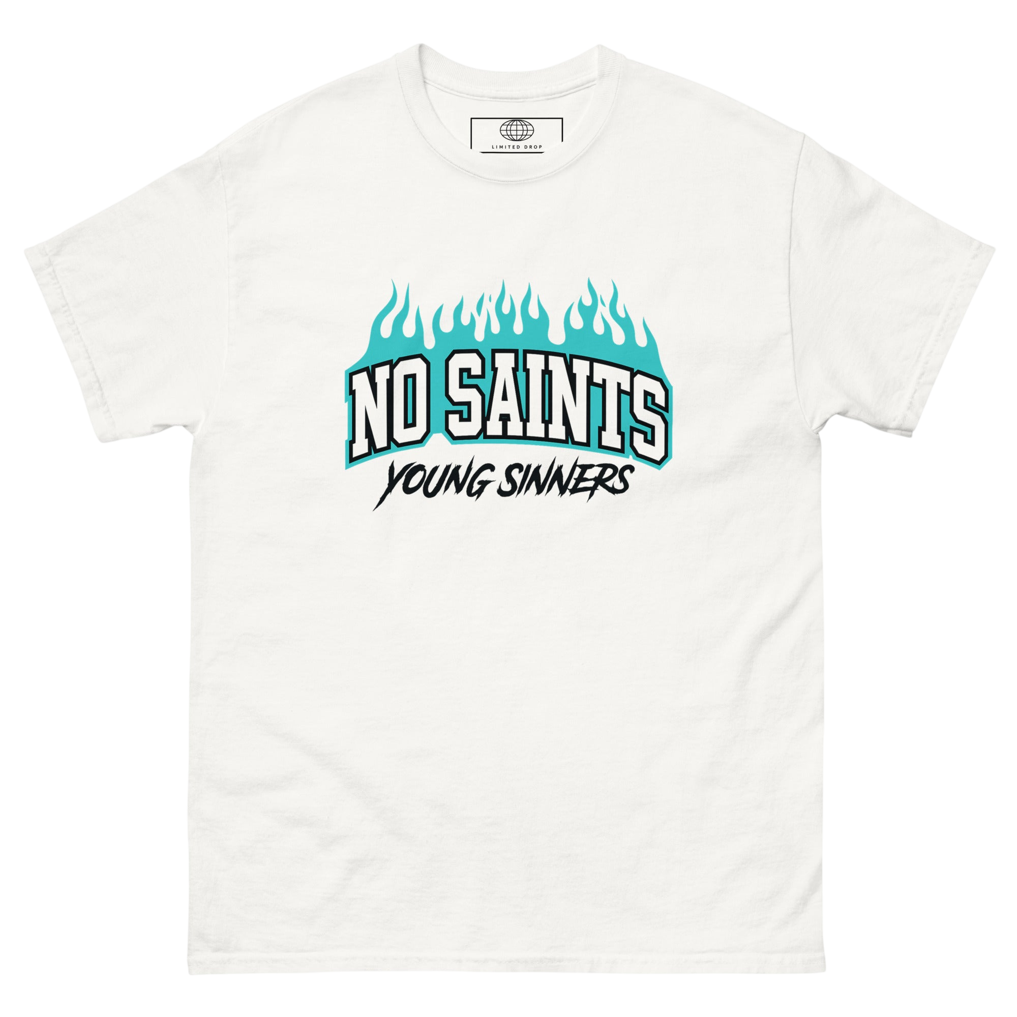 NO SAINTS Flames Graphic Tee - TURQOISE - S