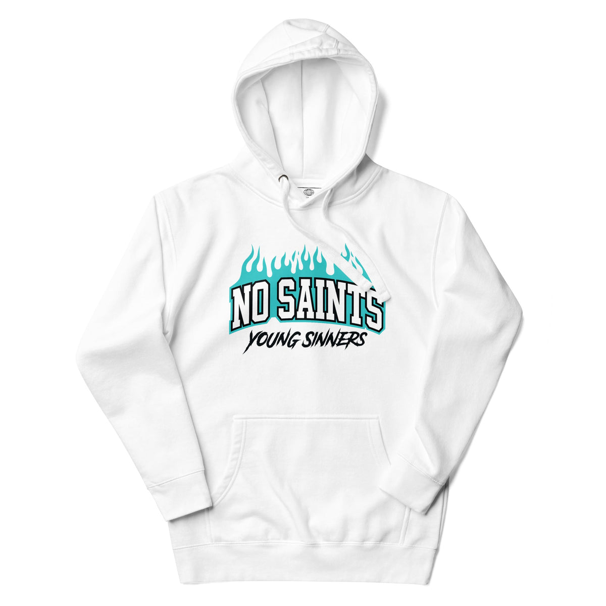 No Saints White Pullover Hoodie - Blue Flames - S