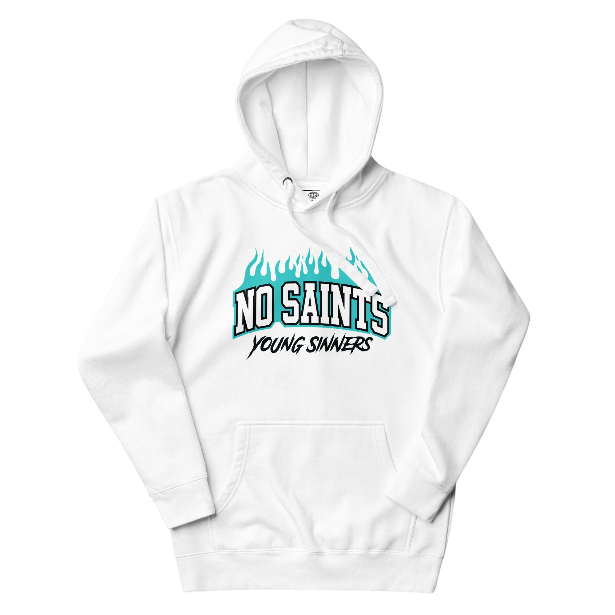 No Saints White Pullover Hoodie - Blue Flames - S