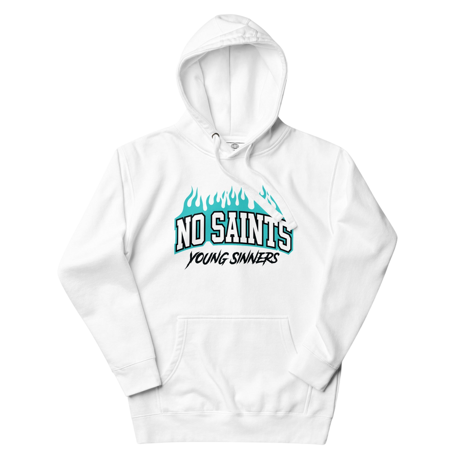 No Saints White Pullover Hoodie - Blue Flames