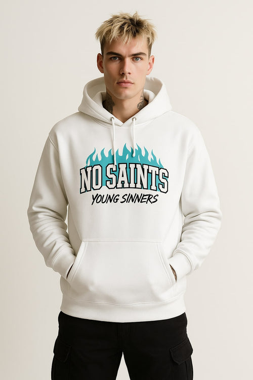 No Saints White Pullover Hoodie - Blue Flames