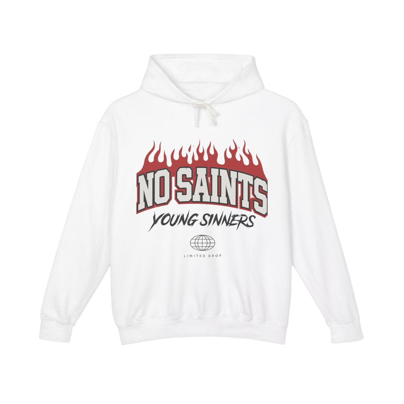 No Saints White Pullover Hoodie - Red Flames