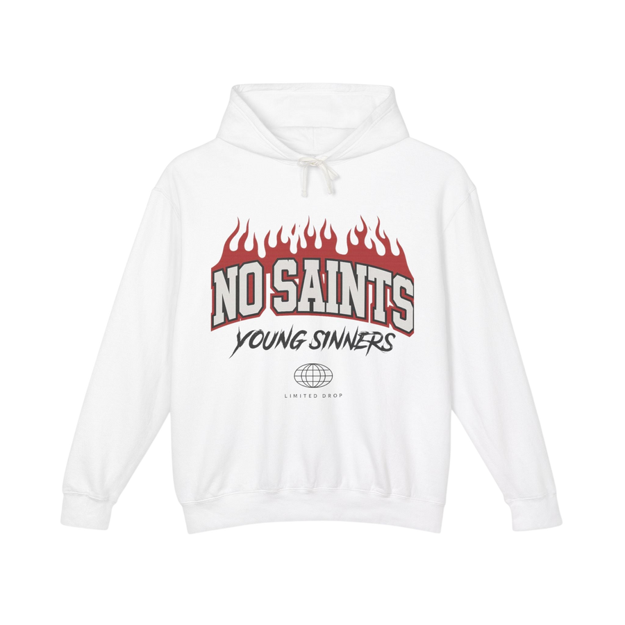 No Saints White Pullover Hoodie - Red Flames