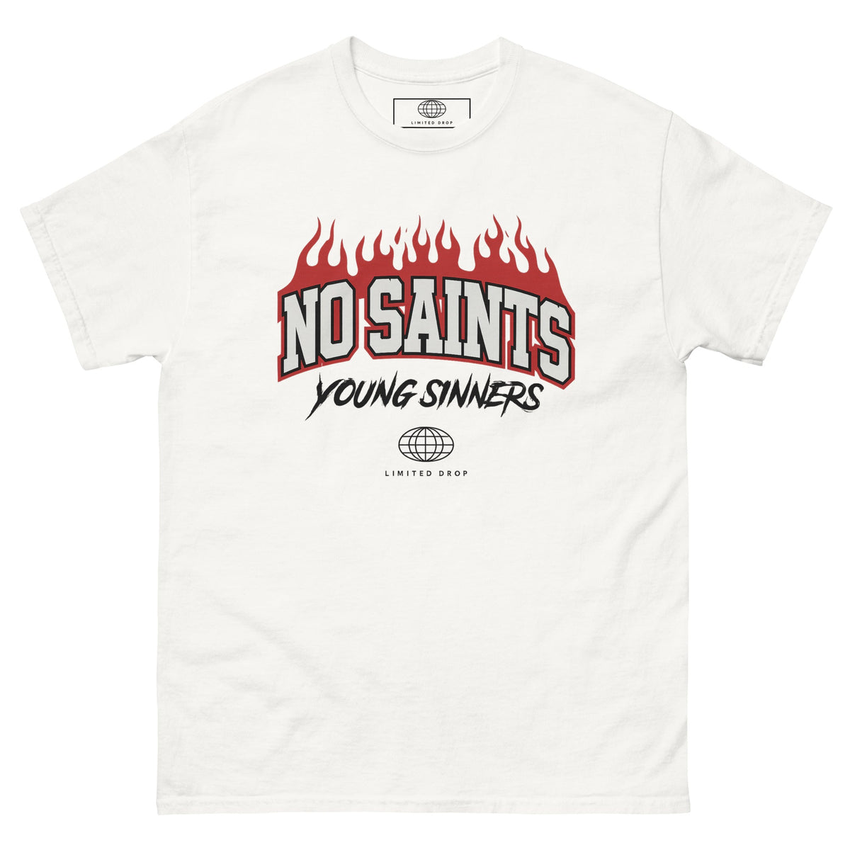 No Saints Young Sinners Flame Graphic T-Shirt - White / S