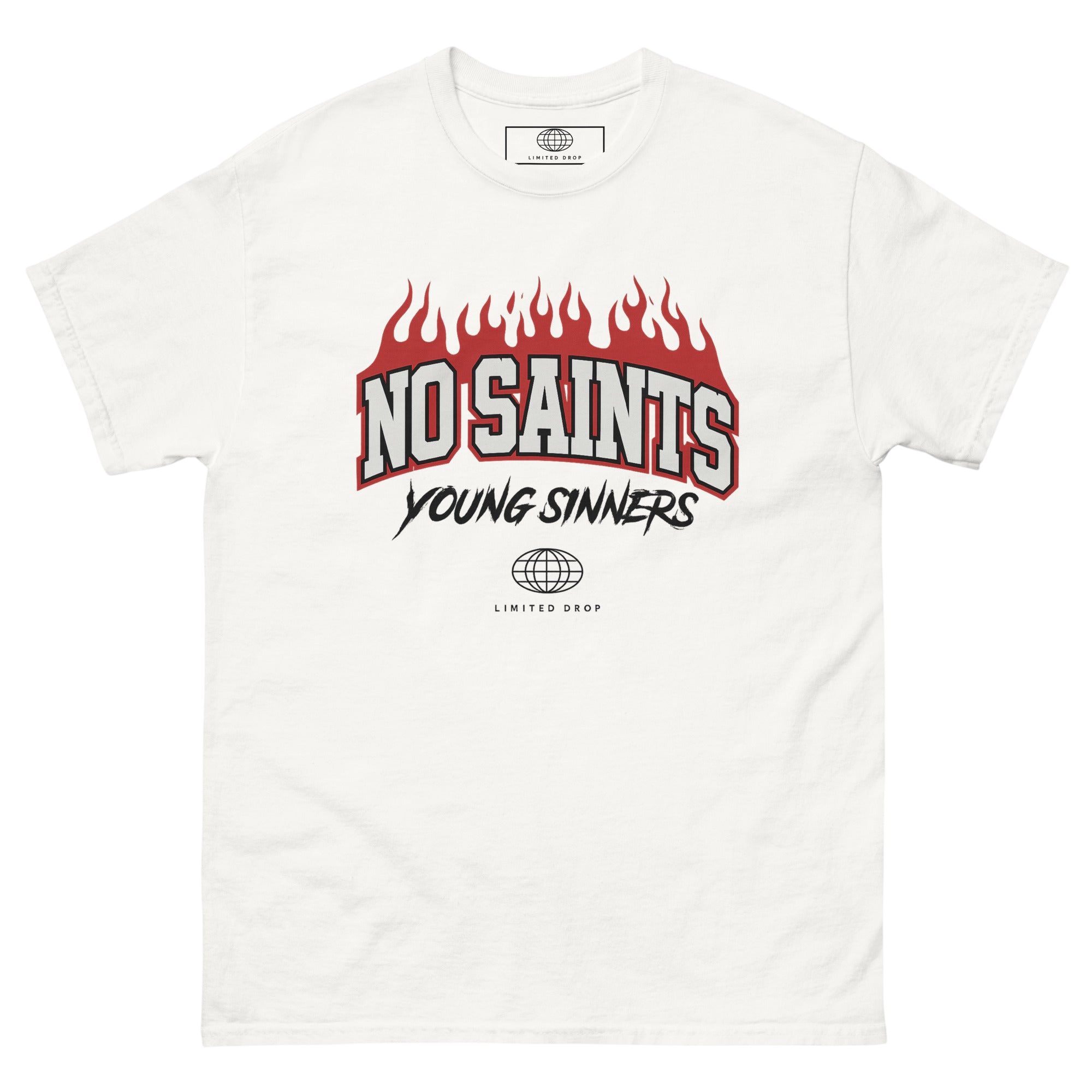 No Saints Young Sinners Flame Graphic T-Shirt - White / S