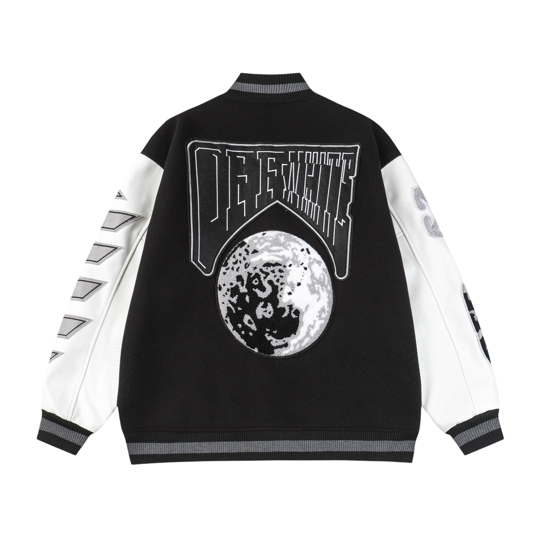 Black and white varsity jacket.