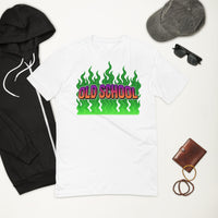 White t-shirt with ’Old School’ graphic.