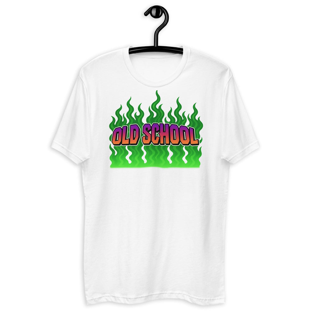 White t-shirt with ’Old School’ graphic.
