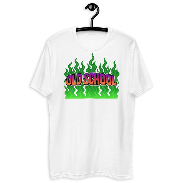 White t-shirt with ’Old School’ graphic.
