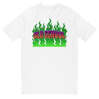 White t-shirt with ’Old School’ graphic.