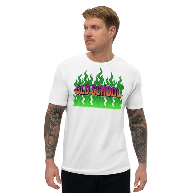 White t-shirt with ’Old School’ graphic.