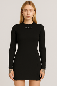 Palm Angels Black Ribbed Long Sleeve Bodycon Mini Dress - Black / Sweater / M
