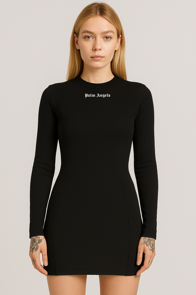 Palm Angels Black Ribbed Long Sleeve Bodycon Mini Dress