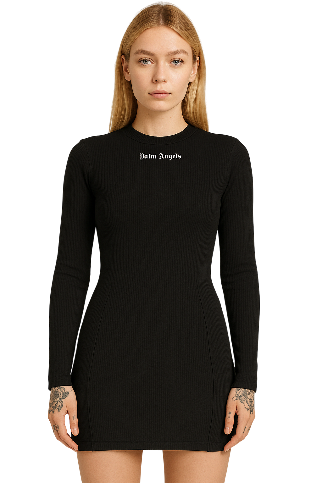 Palm Angels Black Ribbed Long Sleeve Bodycon Mini Dress - Black / Sweater / M